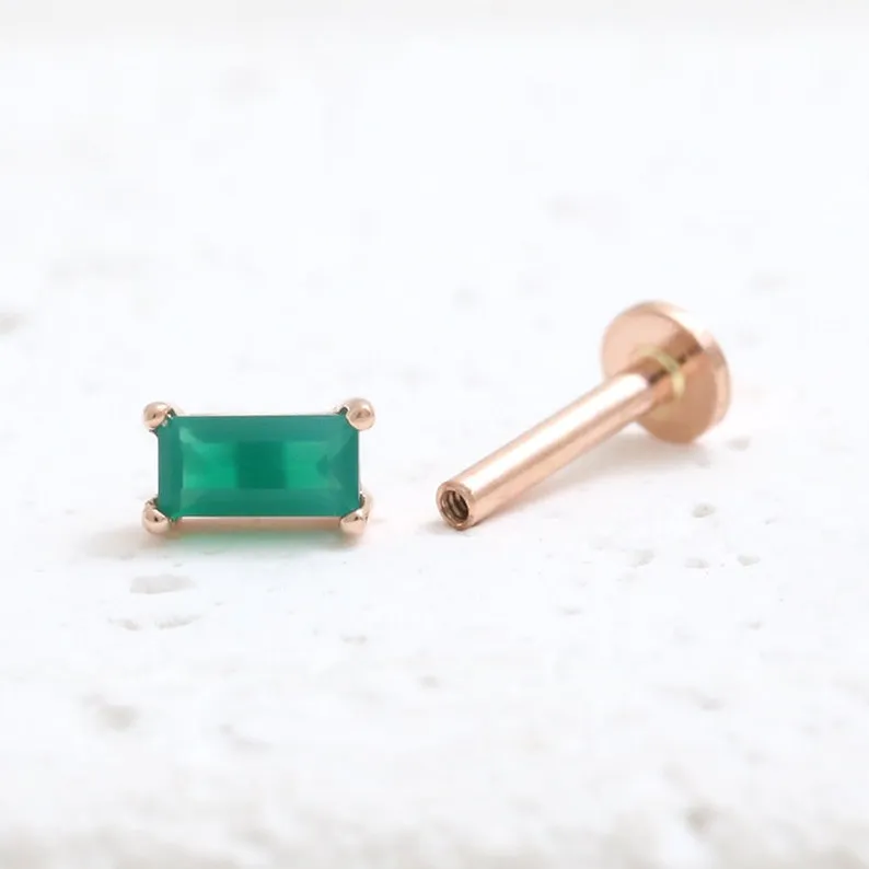 14K Gold Cartilage Helix Tragus Conch Baguette Cut Green Onyx Internally Threaded Flat Back Earring Labret