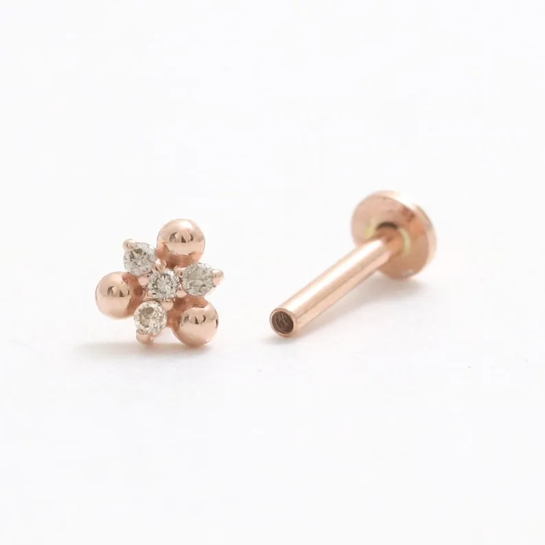 14K Gold Cartilage Helix Tragus Conch Genuine Cognac Diamonds Triple Bal Internally Threaded Flat Back Earring Labret