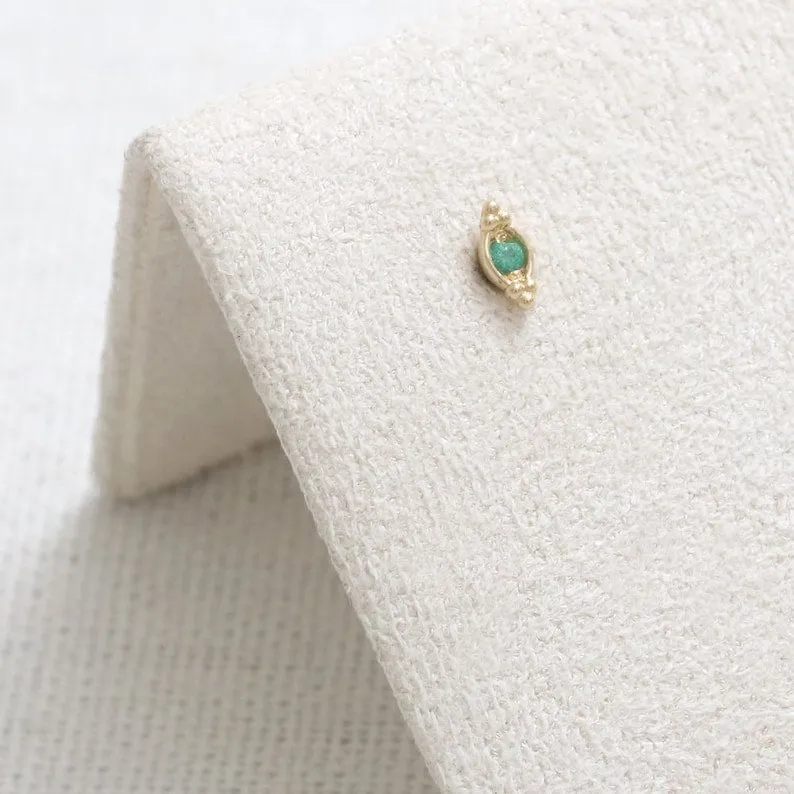 14K Gold Cartilage Helix Tragus Conch Genuine Emerald Evil Eye Internally Threaded Flat Back Earring Labret