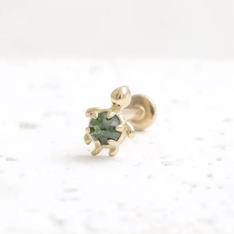 14K Gold Cartilage Helix Tragus Conch Genuine Rose Cut Green Diamond Accent Tiny Turtle Internally Threaded Flat Back Earring La