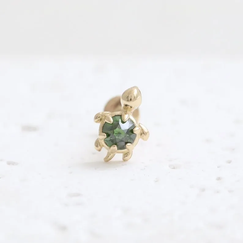 14K Gold Cartilage Helix Tragus Conch Genuine Rose Cut Green Diamond Accent Tiny Turtle Internally Threaded Flat Back Earring La