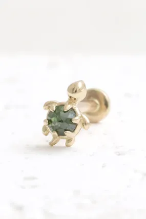 14K Gold Cartilage Helix Tragus Conch Genuine Rose Cut Green Diamond Accent Tiny Turtle Internally Threaded Flat Back Earring La