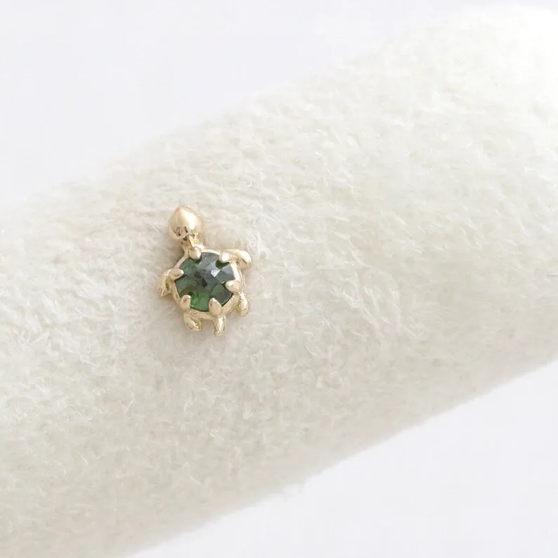 14K Gold Cartilage Helix Tragus Conch Genuine Rose Cut Green Diamond Accent Tiny Turtle Internally Threaded Flat Back Earring La