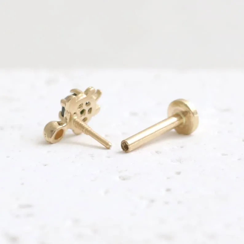 14K Gold Cartilage Helix Tragus Conch Genuine Rose Cut Green Diamond Accent Tiny Turtle Internally Threaded Flat Back Earring La