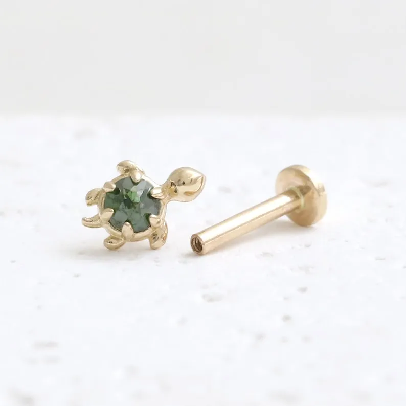 14K Gold Cartilage Helix Tragus Conch Genuine Rose Cut Green Diamond Accent Tiny Turtle Internally Threaded Flat Back Earring La