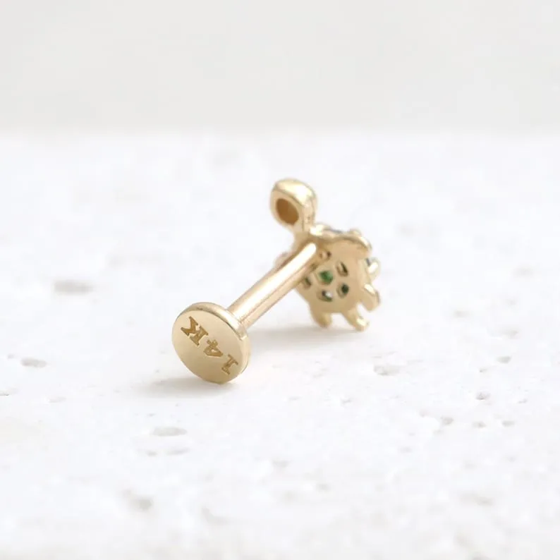 14K Gold Cartilage Helix Tragus Conch Genuine Rose Cut Green Diamond Accent Tiny Turtle Internally Threaded Flat Back Earring La