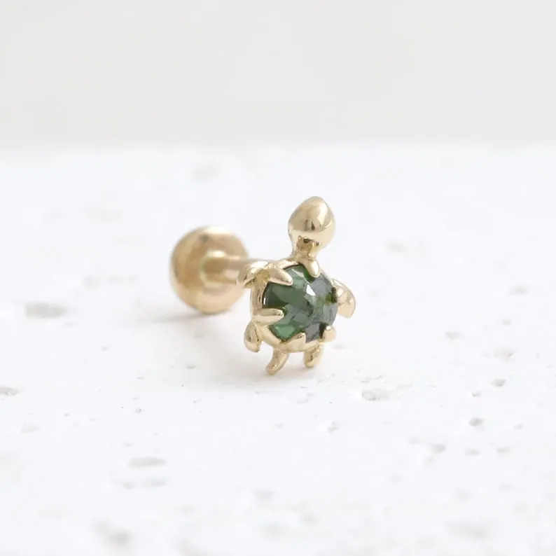 14K Gold Cartilage Helix Tragus Conch Genuine Rose Cut Green Diamond Accent Tiny Turtle Internally Threaded Flat Back Earring La