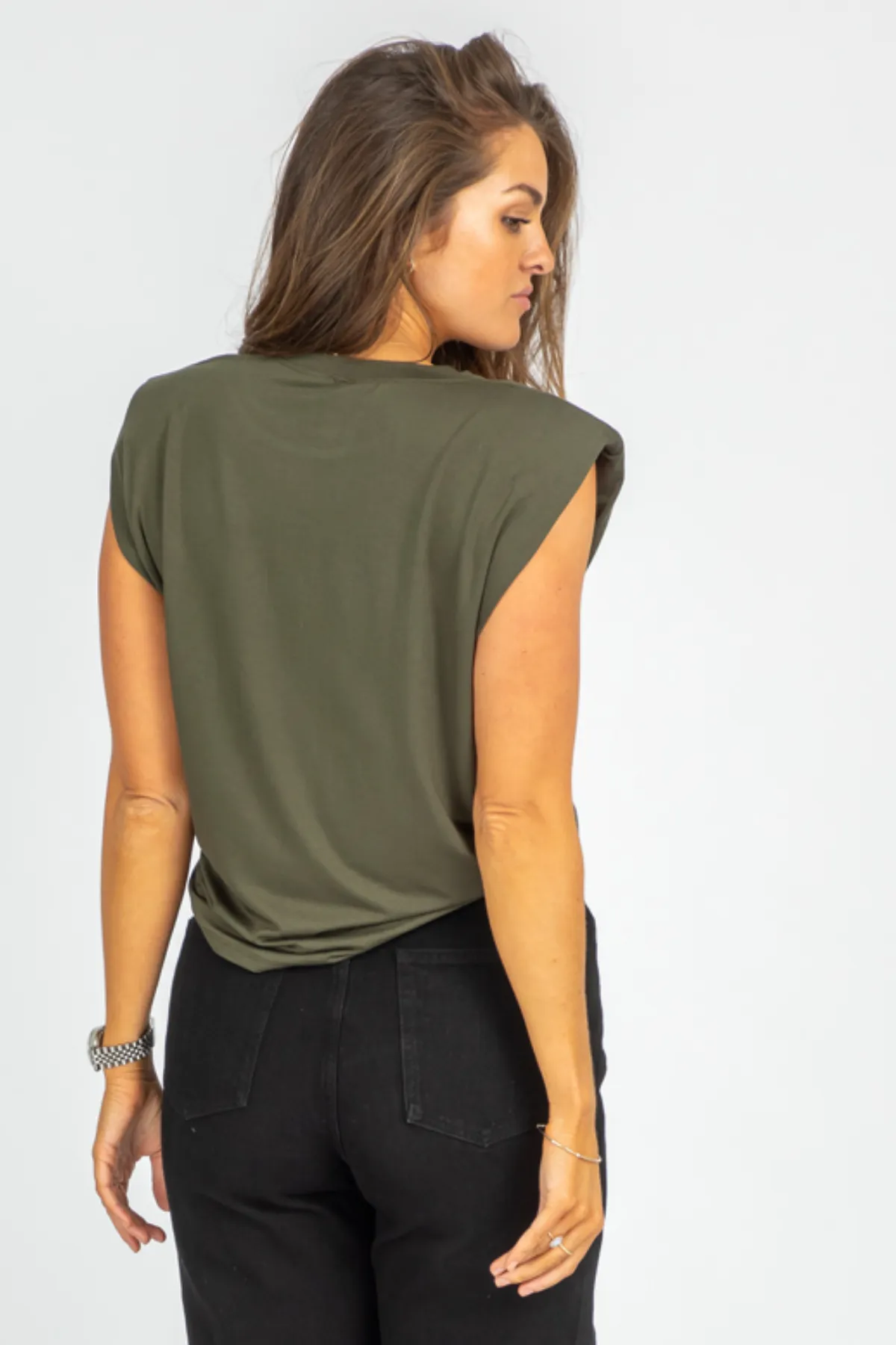 ARMY GREEN SLEEVELESS SHOULDER PAD TOP