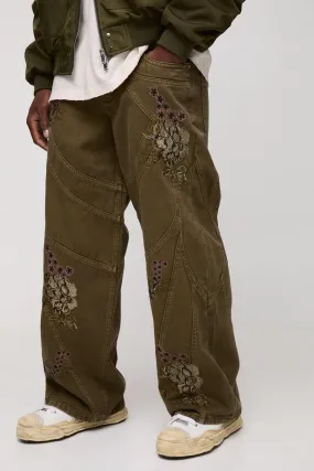 Baggy Heavyweight Twill Panelled Embroidery Trousers