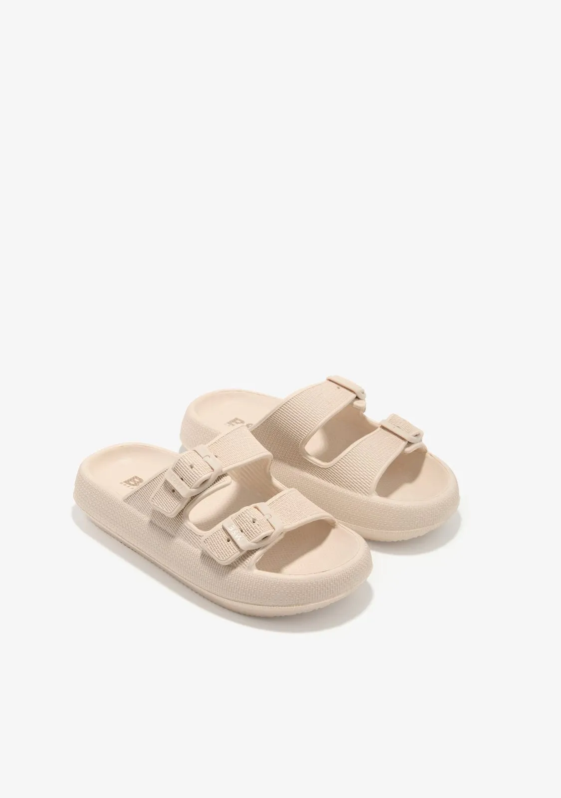 Beige Double Buckle Slides