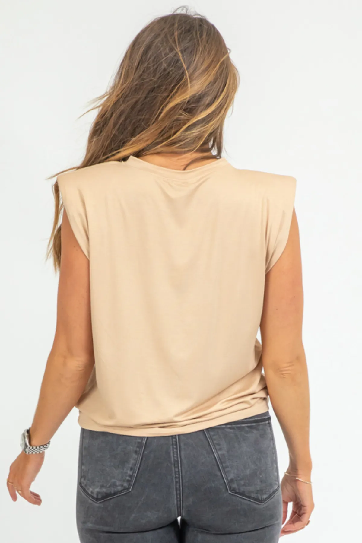 BEIGE SLEEVELESS SHOULDER PAD TOP