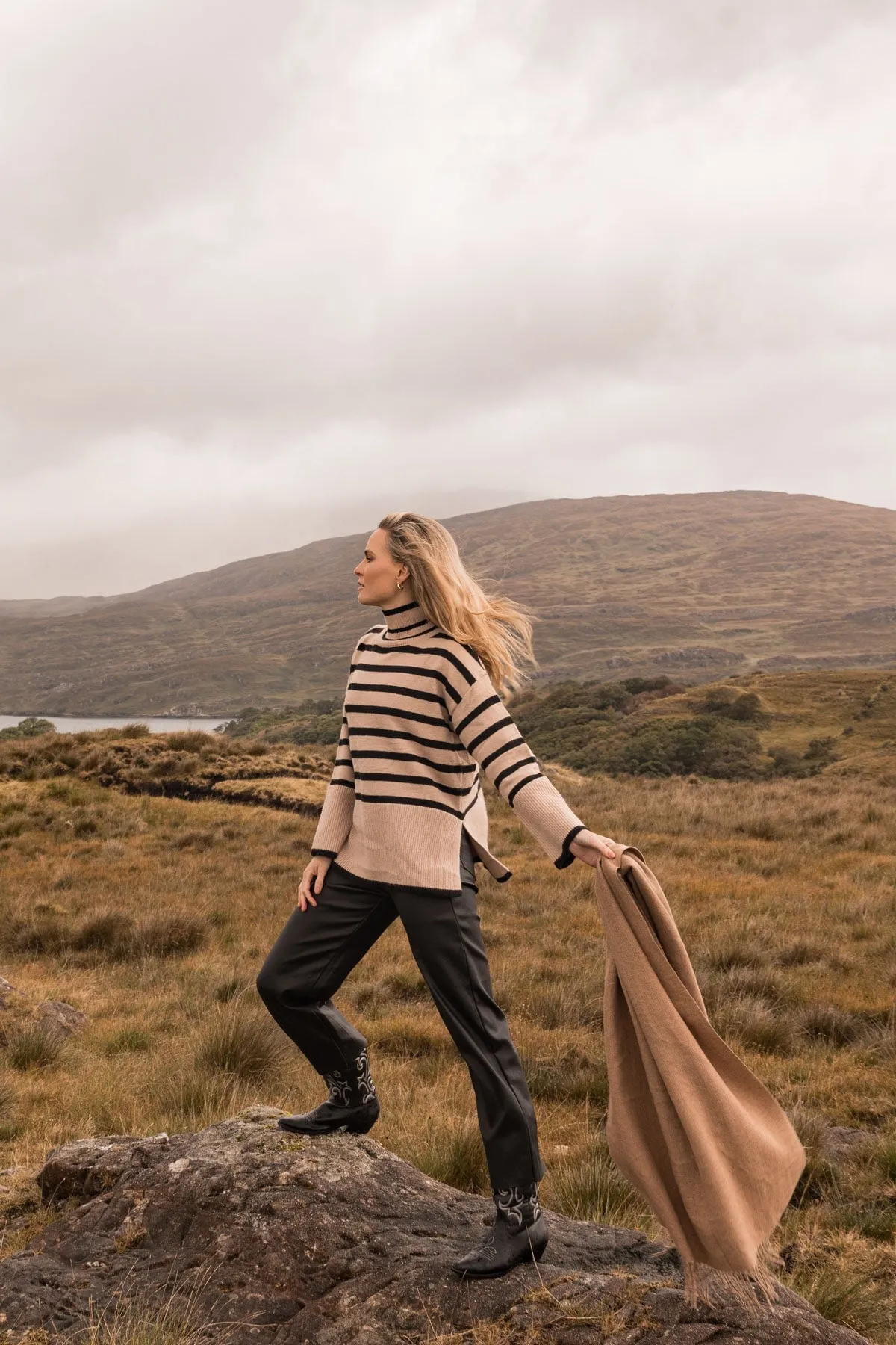 Beige Striped Polo Knit Jumper