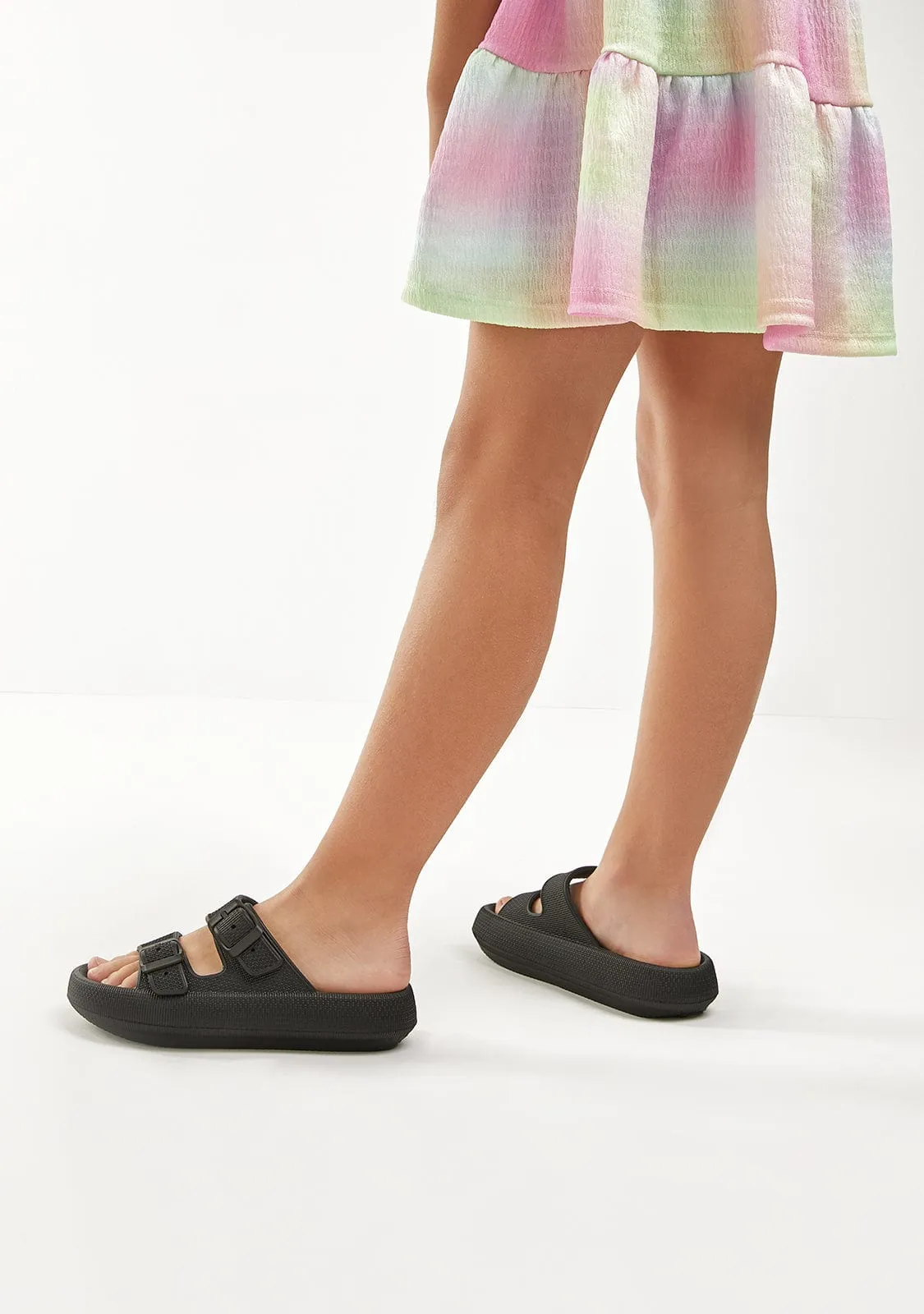 Black Double Buckle Slides