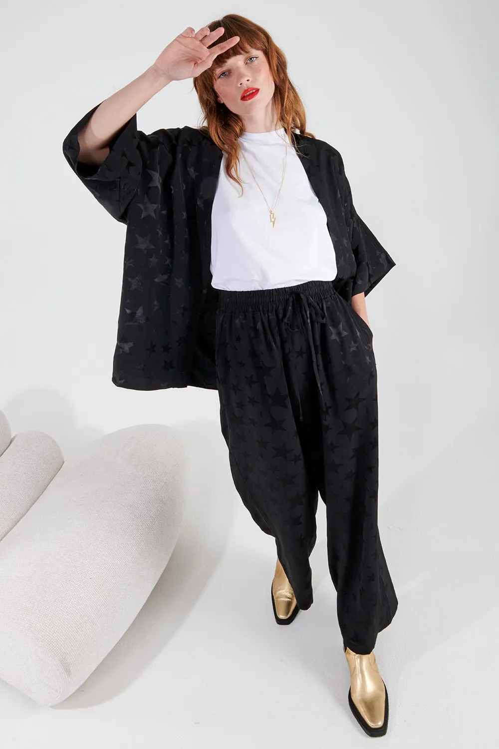 Black Jacquard Star Wide Leg Trousers