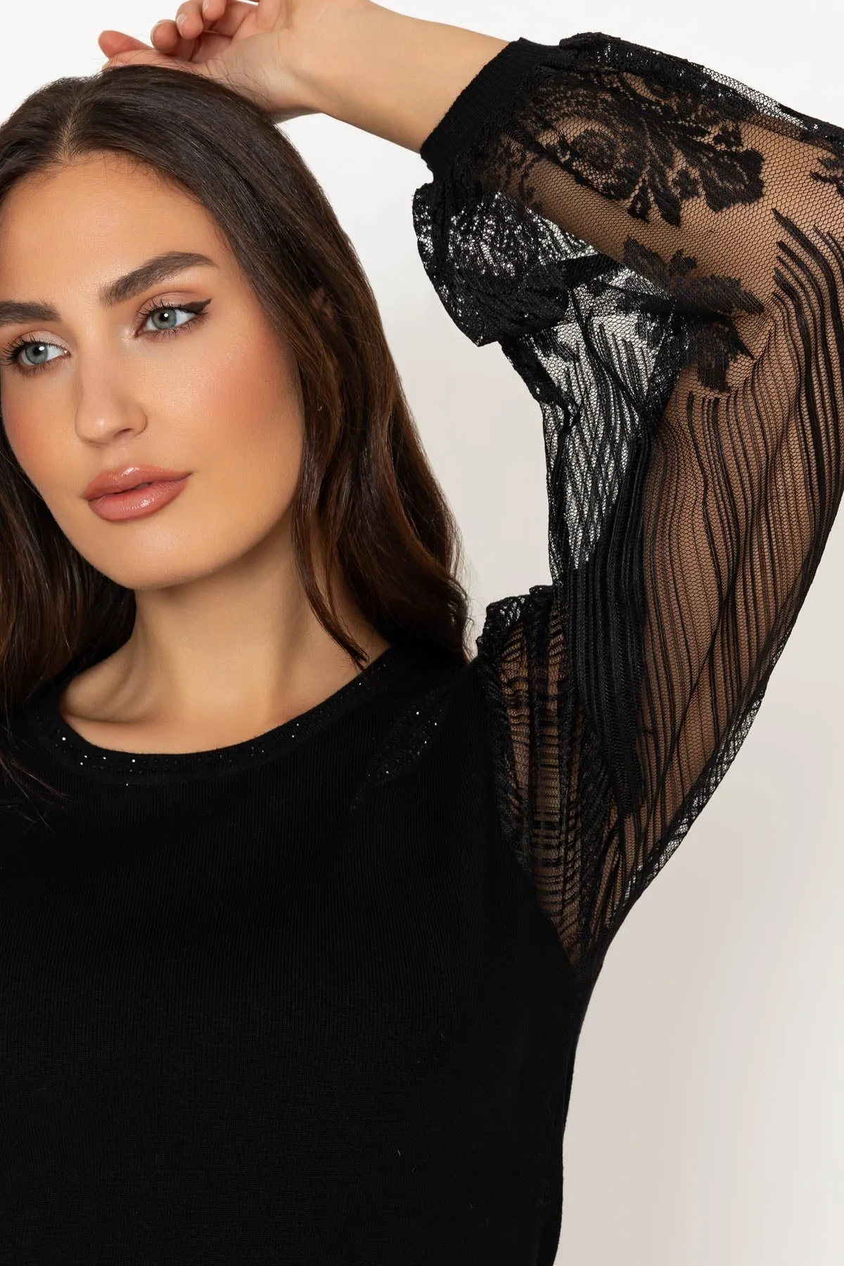 Black Lace Sleeve Knit Top