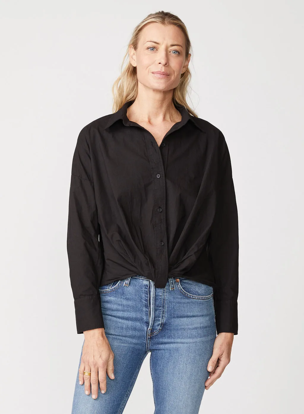 Black Poplin Twist Front Button Up Shirt with Long Sleeves