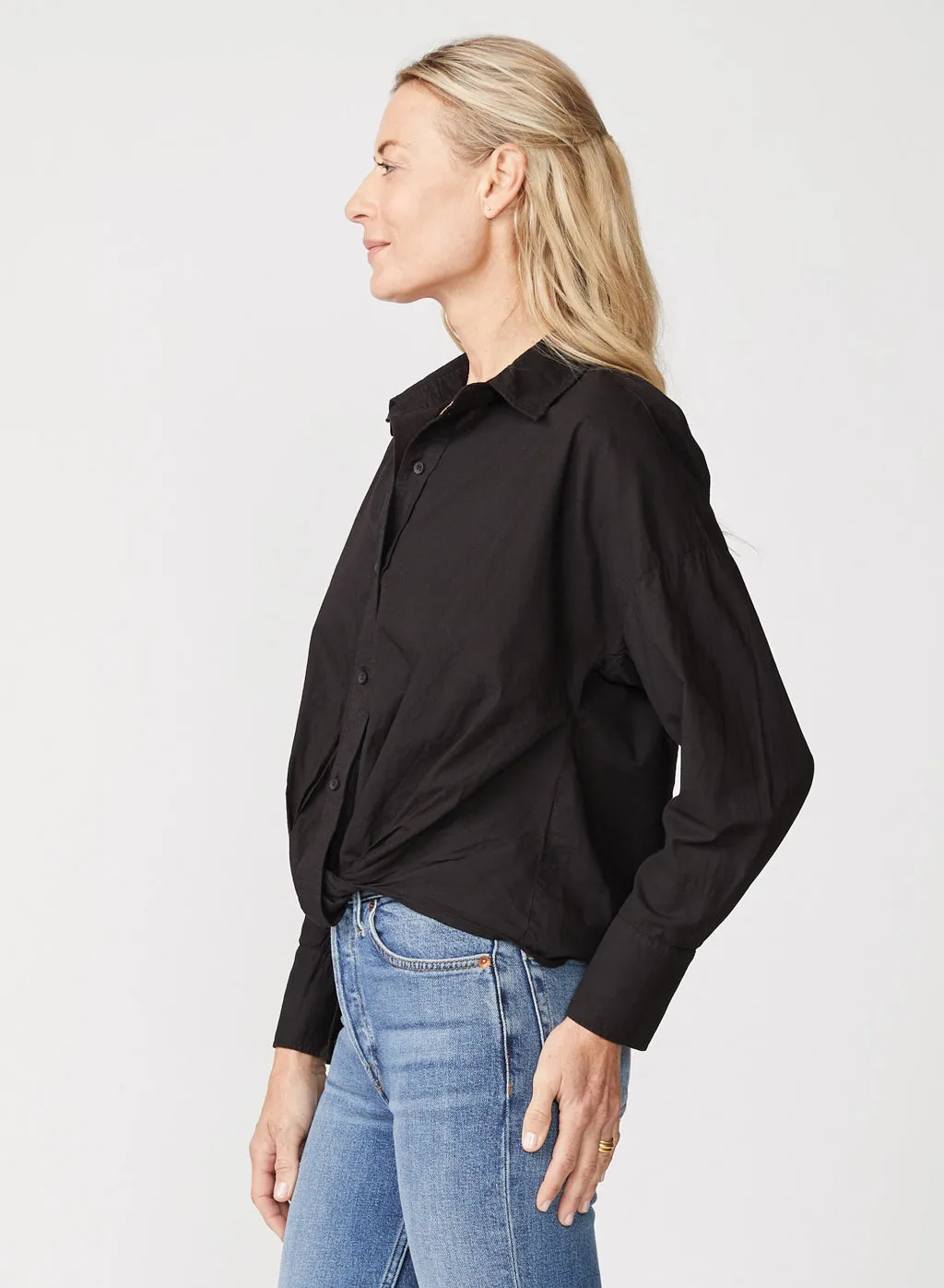 Black Poplin Twist Front Button Up Shirt with Long Sleeves