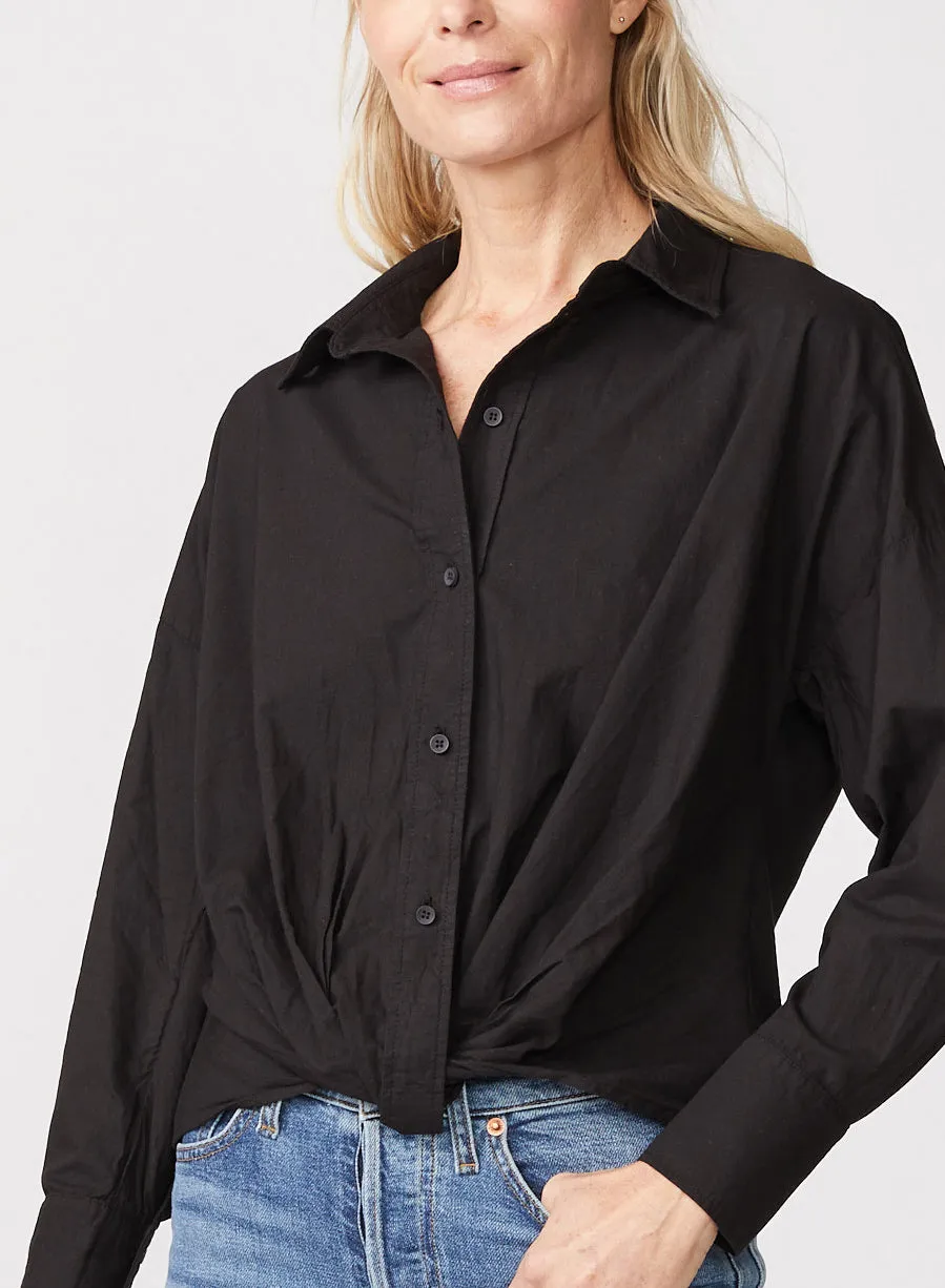 Black Poplin Twist Front Button Up Shirt with Long Sleeves