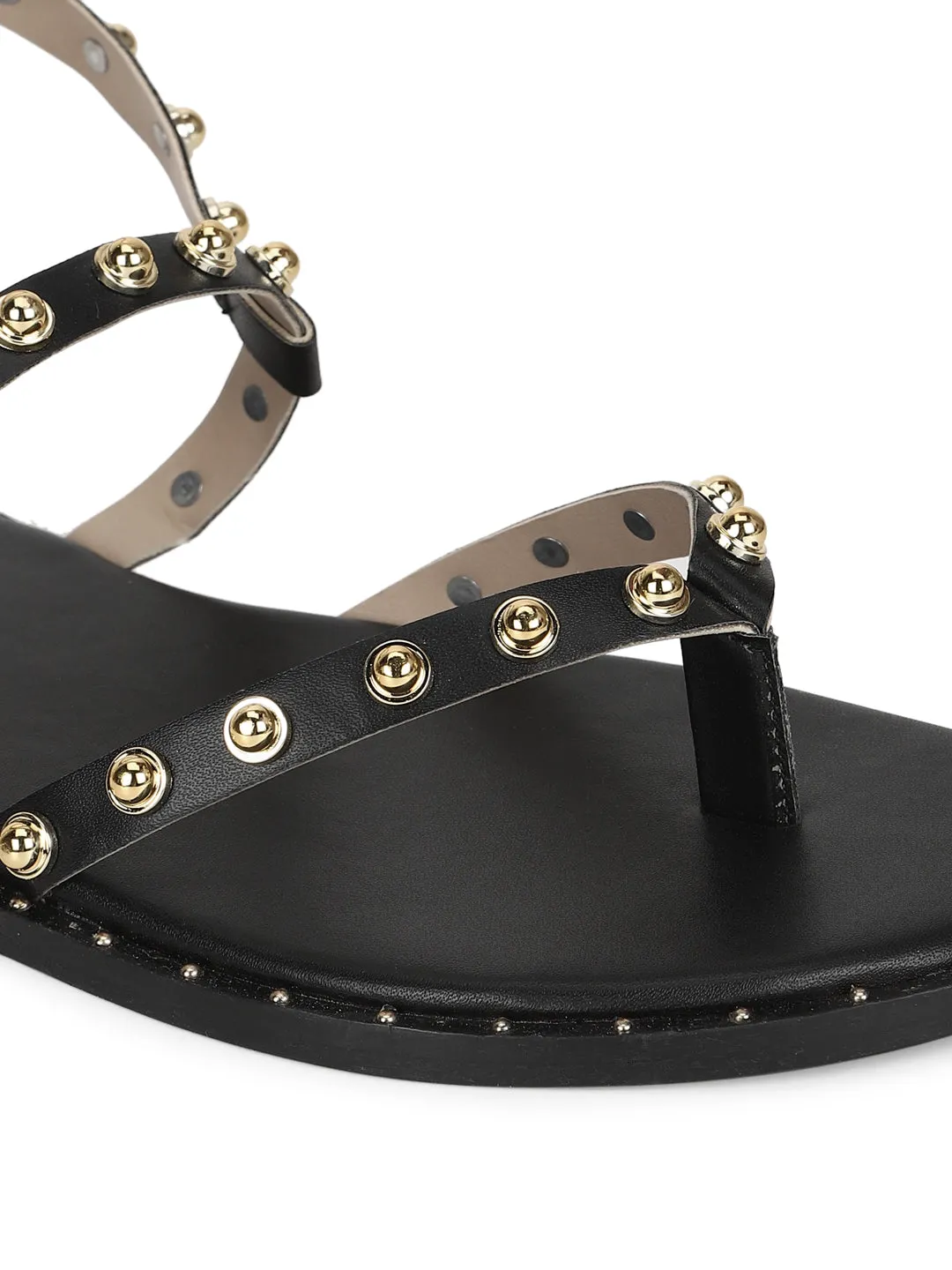 Black PU Studded Flat Sandals (TC-ST-1209-BLK)