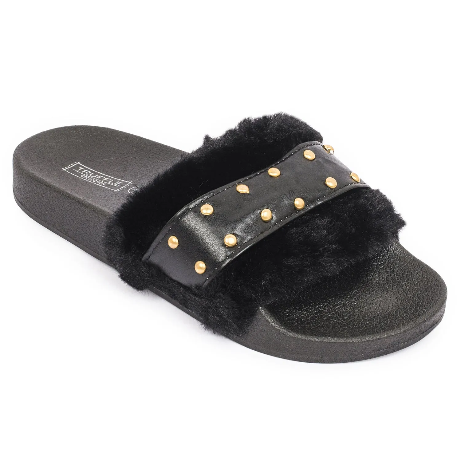 Black Studded Fur Flat Sliders