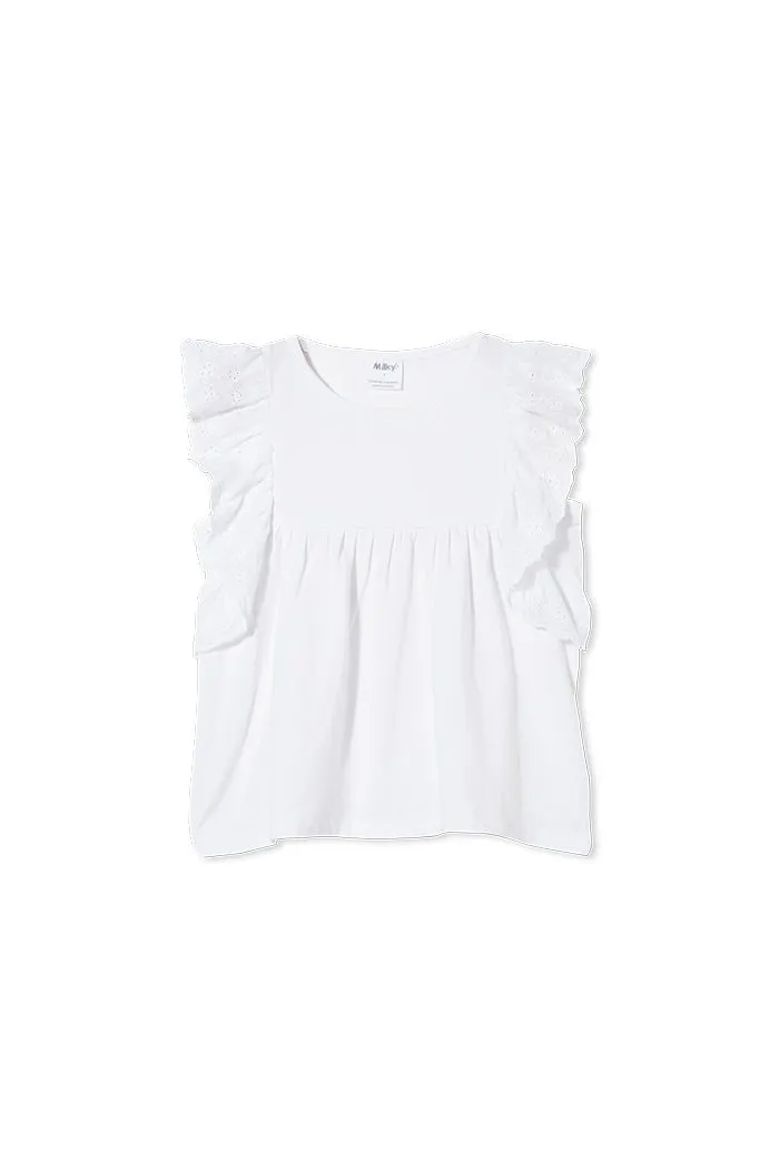 Broderie Frill Tee - White Milk Cotton Top