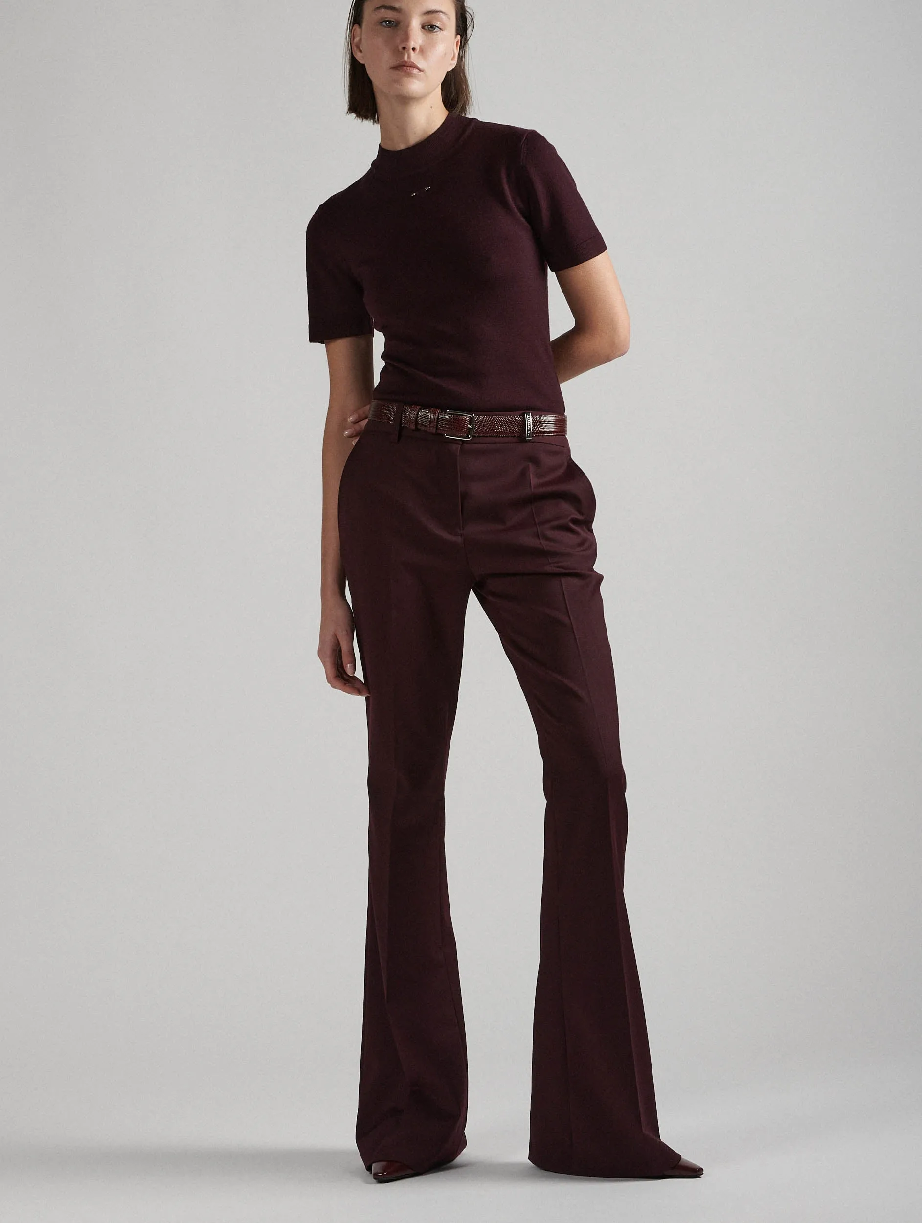 Burgundy stretch wool gabardine bootleg-cut trousers