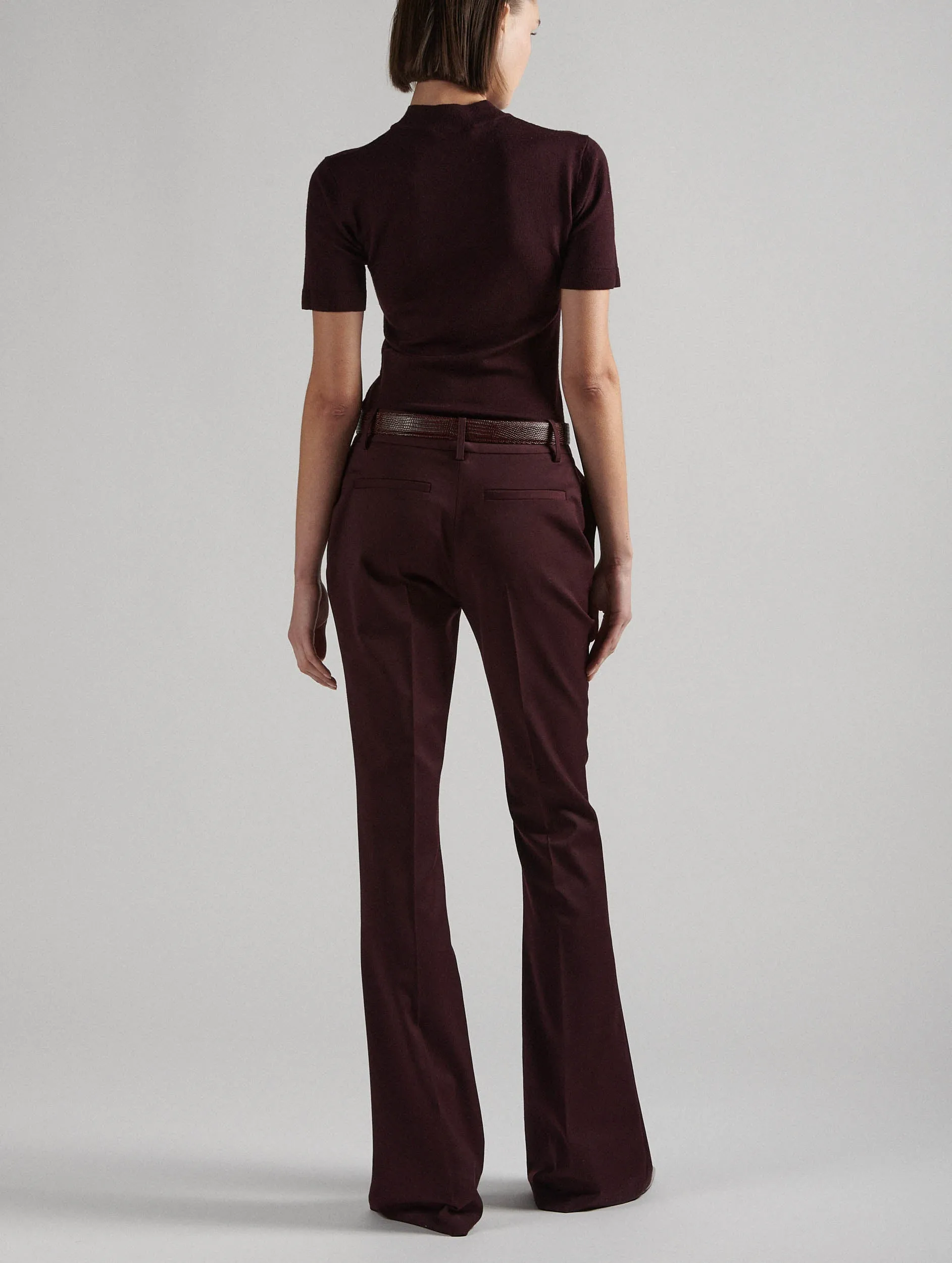 Burgundy stretch wool gabardine bootleg-cut trousers