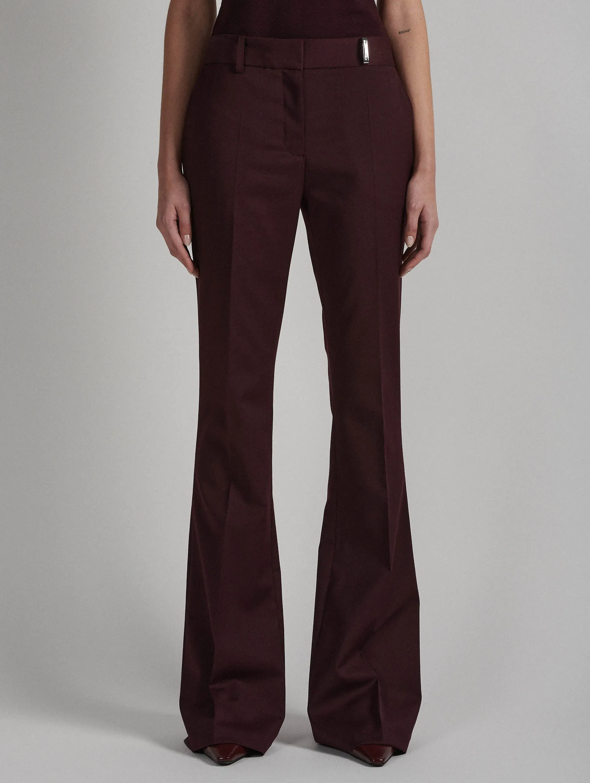 Burgundy stretch wool gabardine bootleg-cut trousers