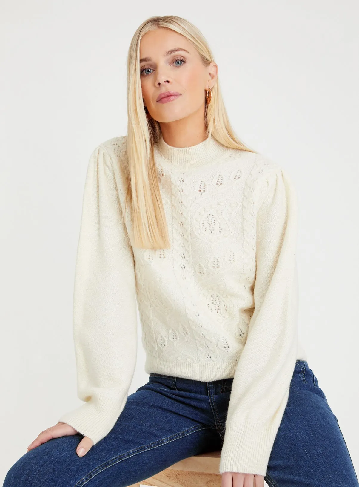 Cream High Neck Jumper with Cable Design in Medium Size