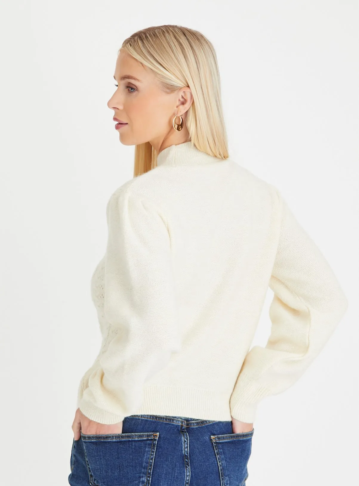 Cream High Neck Jumper with Cable Design in Medium Size