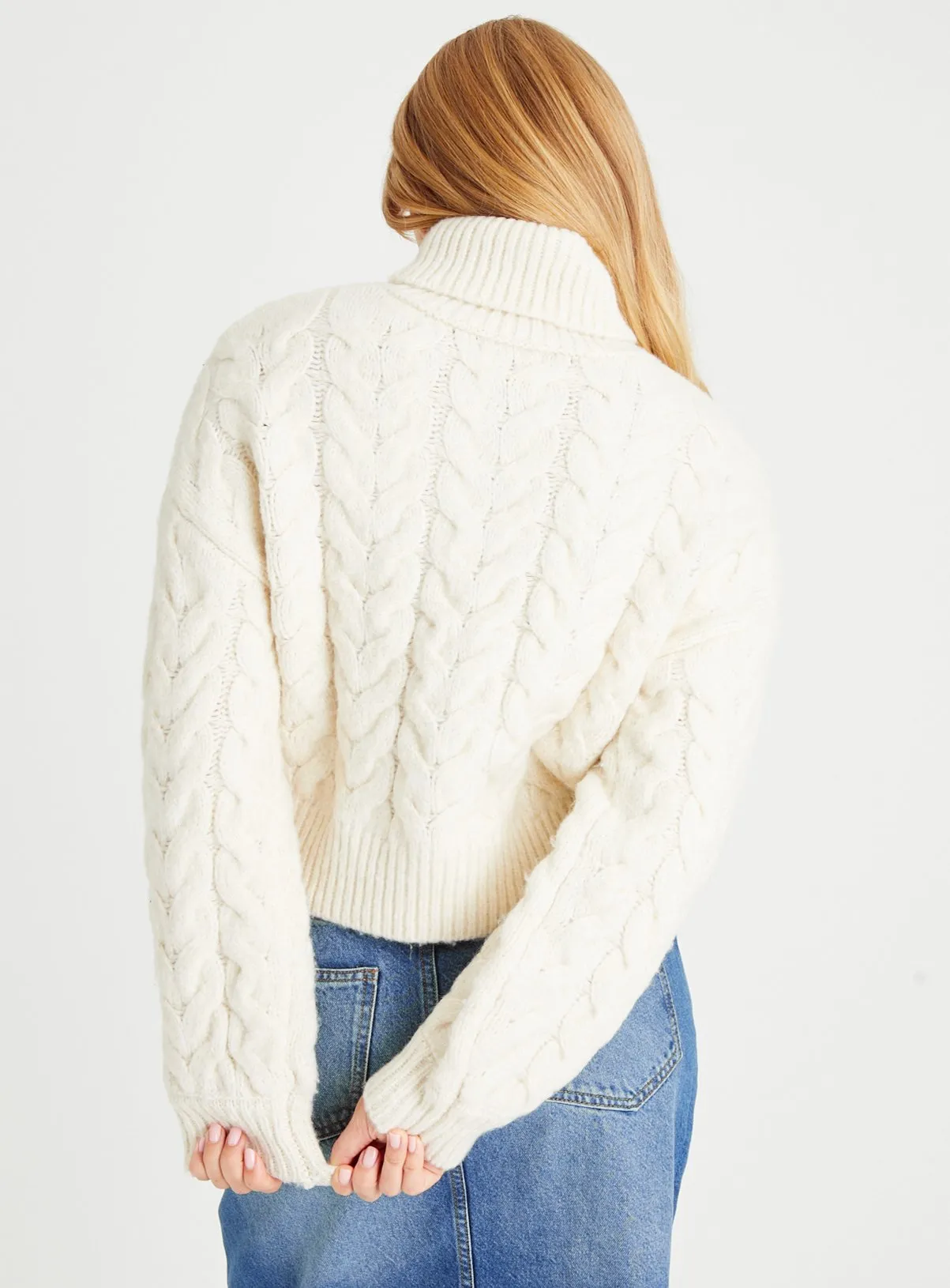 Cream Cropped Cable Knit Roll Neck Jumper in size 20