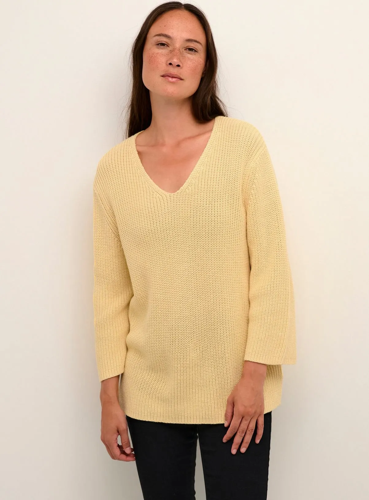 Yellow KAFFE Merian V Neck Cropped Sleeve Pullover XL