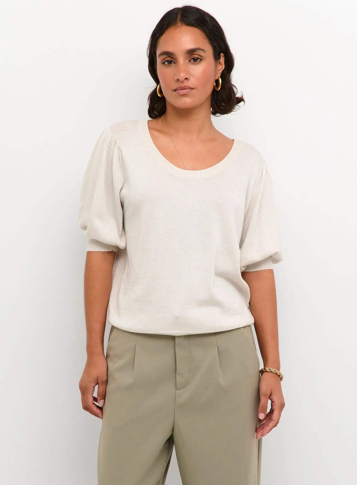 White KAFFE Regina Round Neck Half Sleeve Pullover M