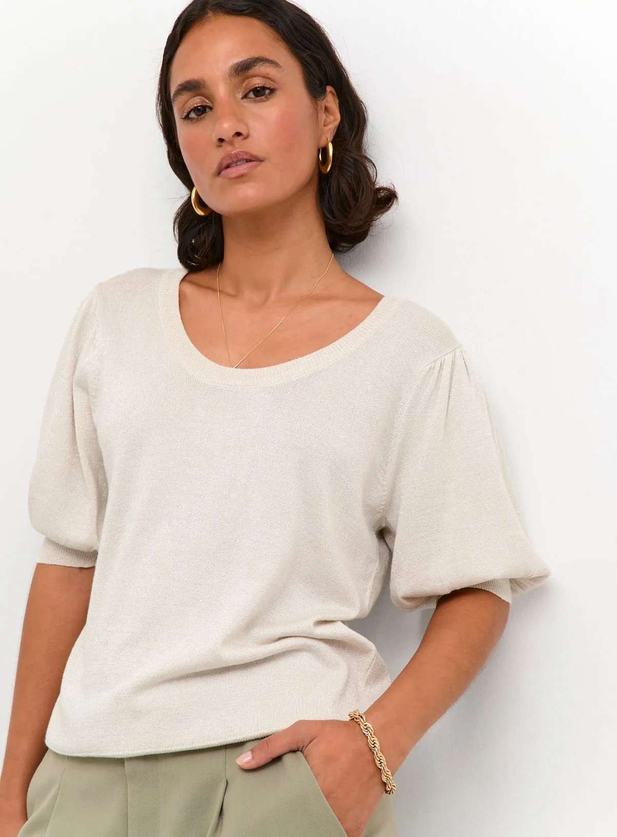 White KAFFE Regina Round Neck Half Sleeve Pullover M