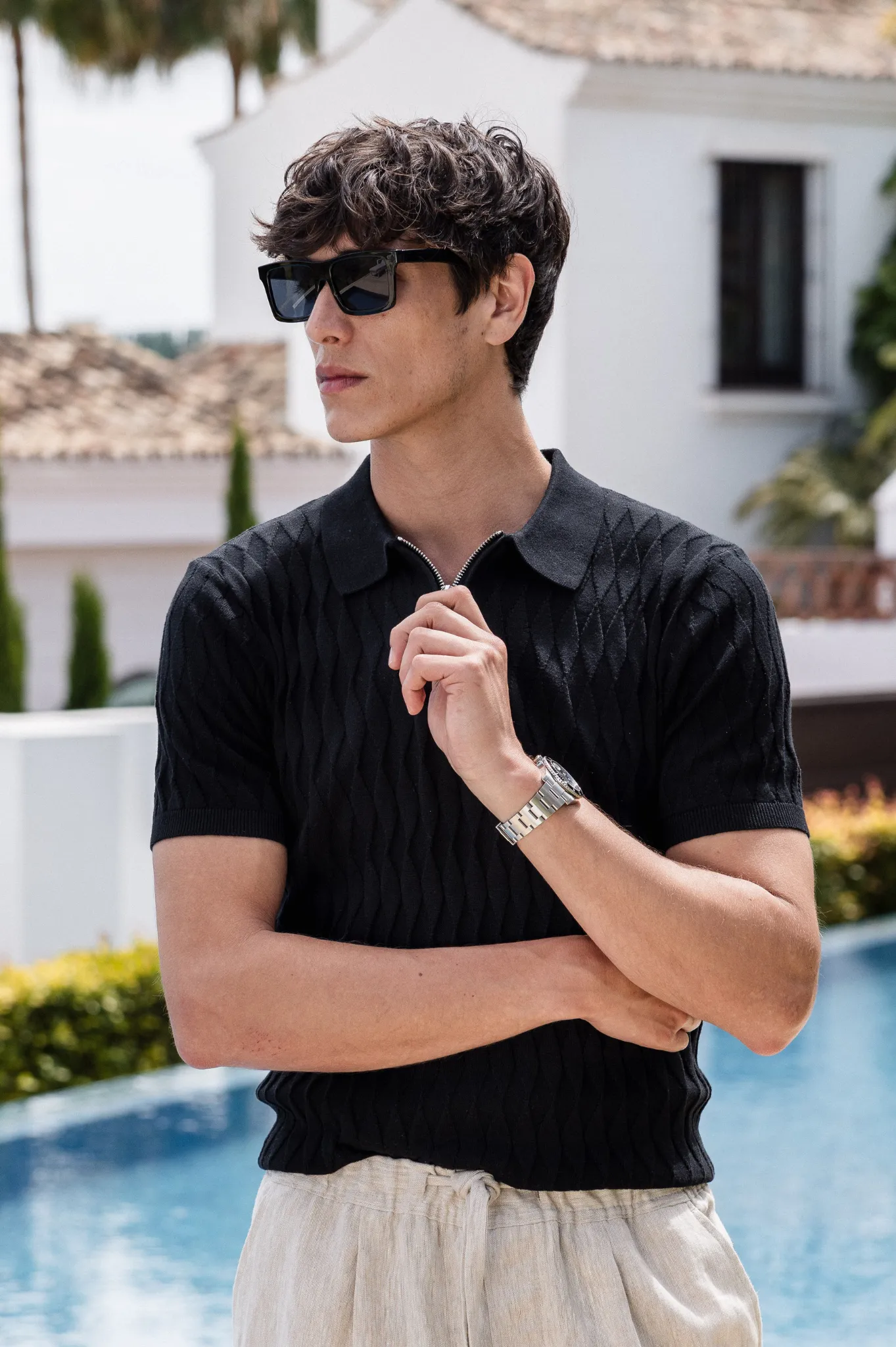 Capo Egyptian Cotton Black Polo Shirt with SS Zip Diamond Pattern