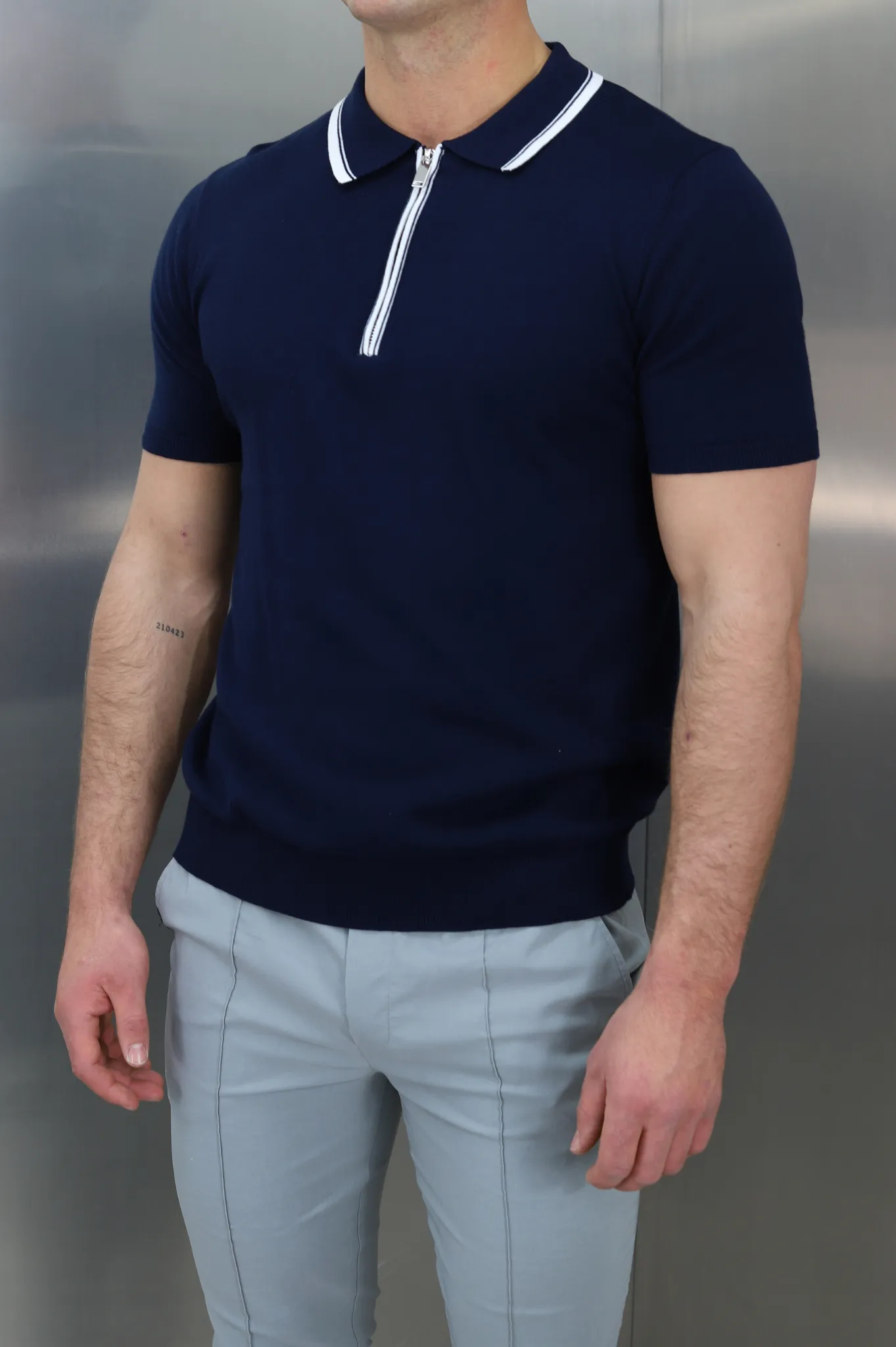 Capo Navy Polo Shirt with Egyptian Cotton Contrast Collar - Short Sleeve Zip