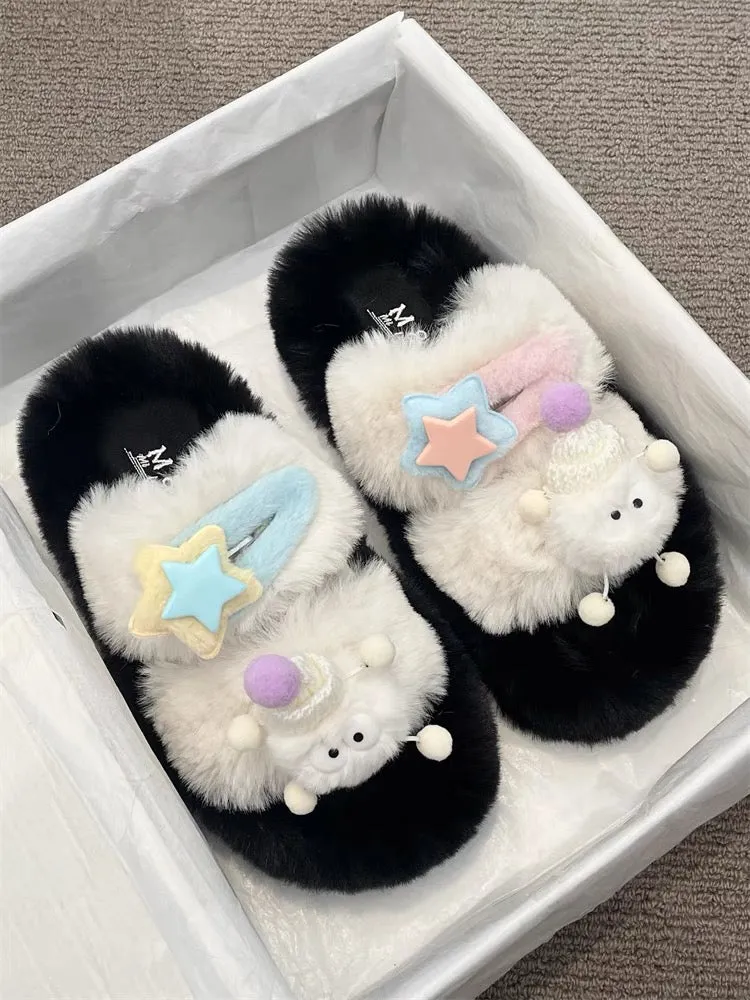 Cartoon cute thick-soled furry slippers for women's outer wear 2024 autumn new niche design versatile cotton slippers