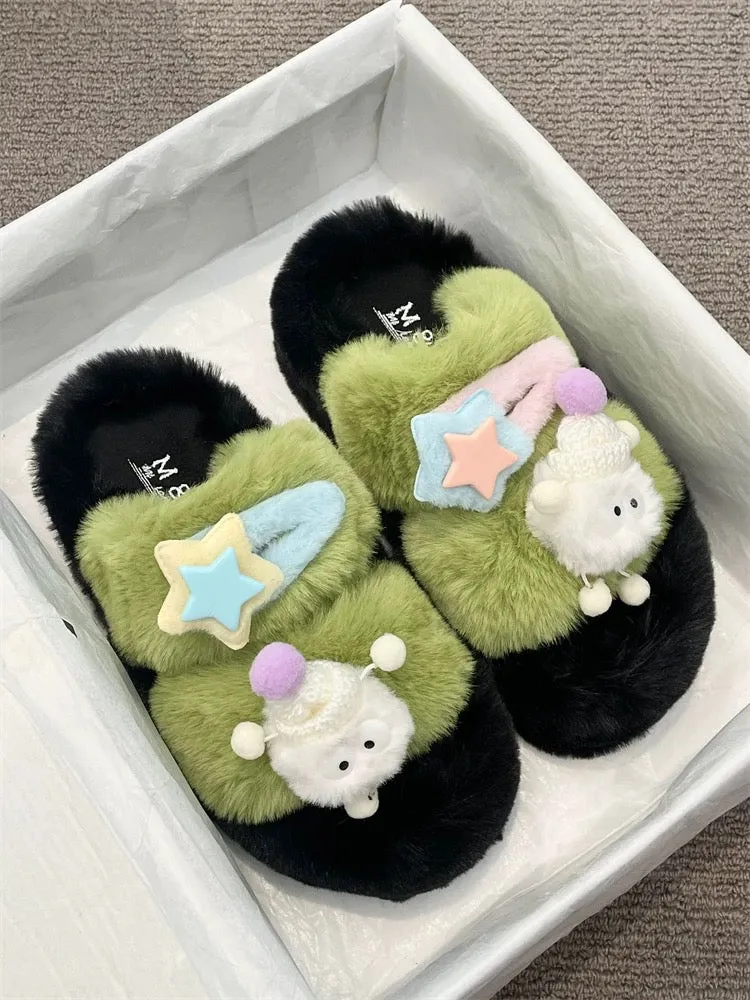 Cartoon cute thick-soled furry slippers for women's outer wear 2024 autumn new niche design versatile cotton slippers