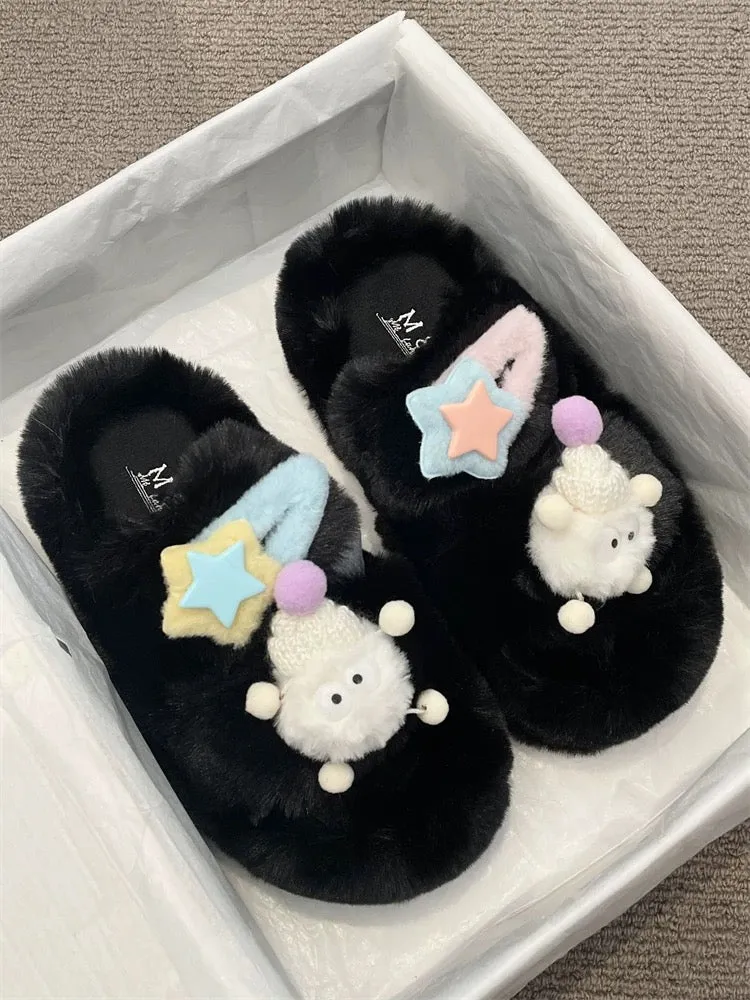 Cartoon cute thick-soled furry slippers for women's outer wear 2024 autumn new niche design versatile cotton slippers