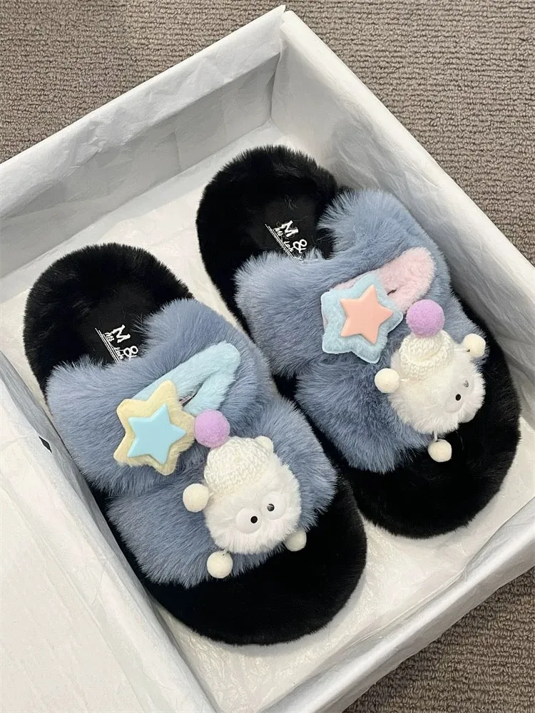 Cartoon cute thick-soled furry slippers for women's outer wear 2024 autumn new niche design versatile cotton slippers