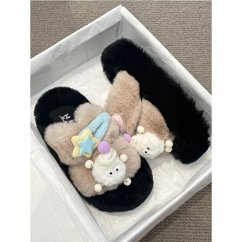 Cartoon cute thick-soled furry slippers for women's outer wear 2024 autumn new niche design versatile cotton slippers