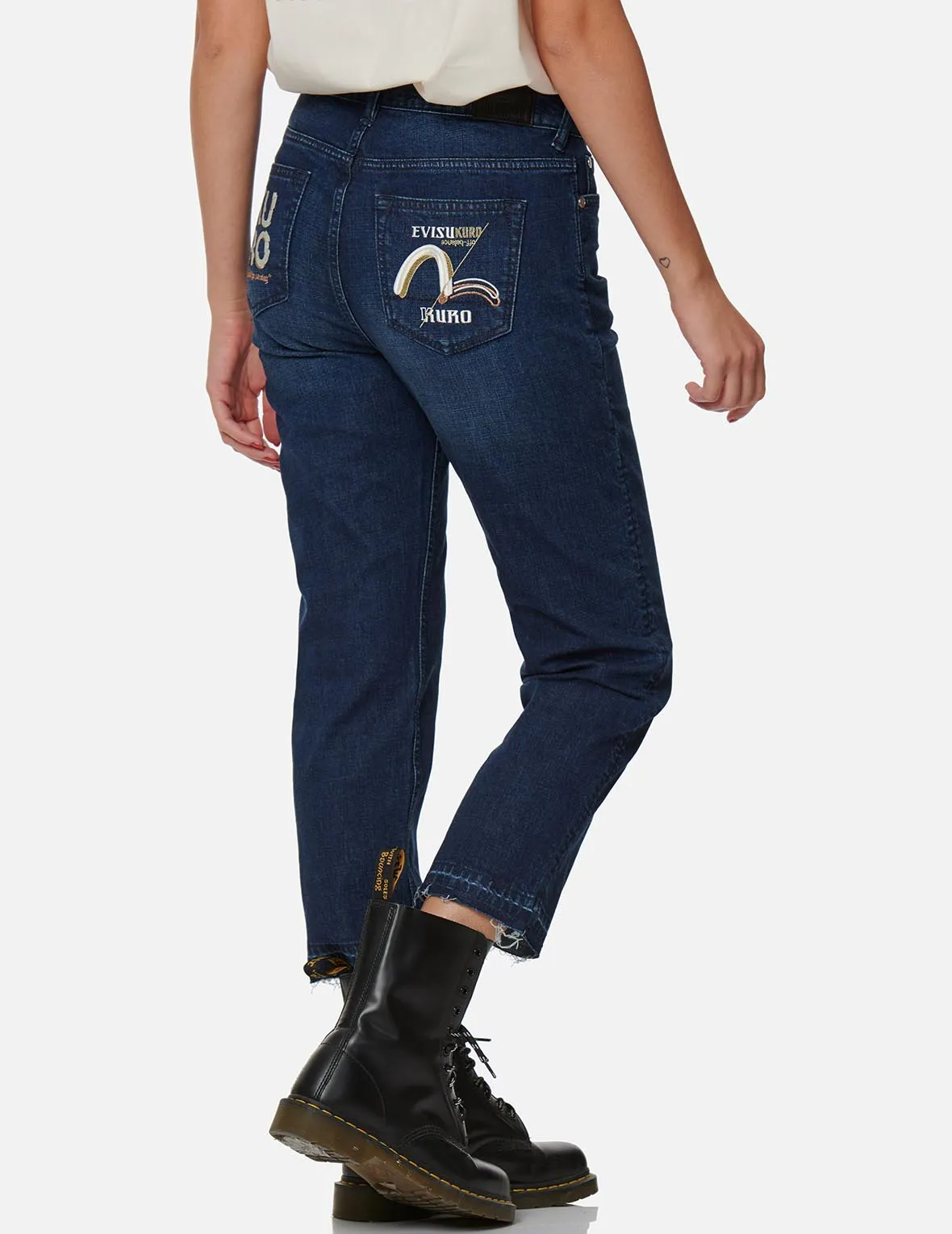 Cast Shadow Effect Logo Embroidered Cropped Straight Fit Jeans