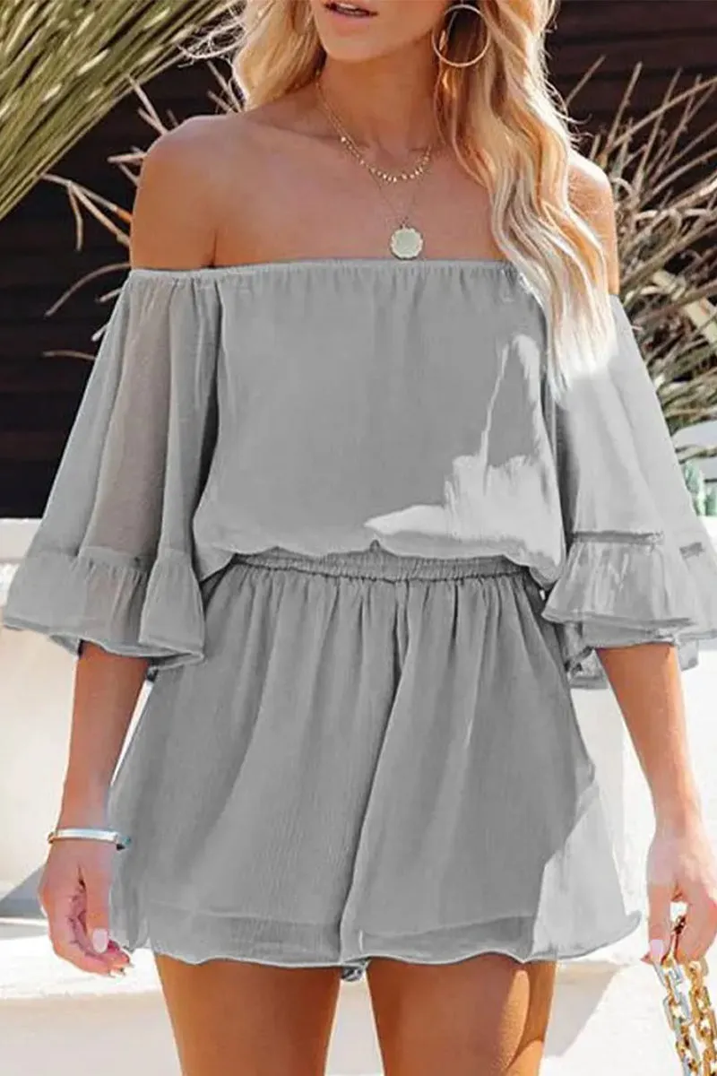 Casual Daily Solid Patchwork Flounce Off the Shoulder Loose Jumpsuits