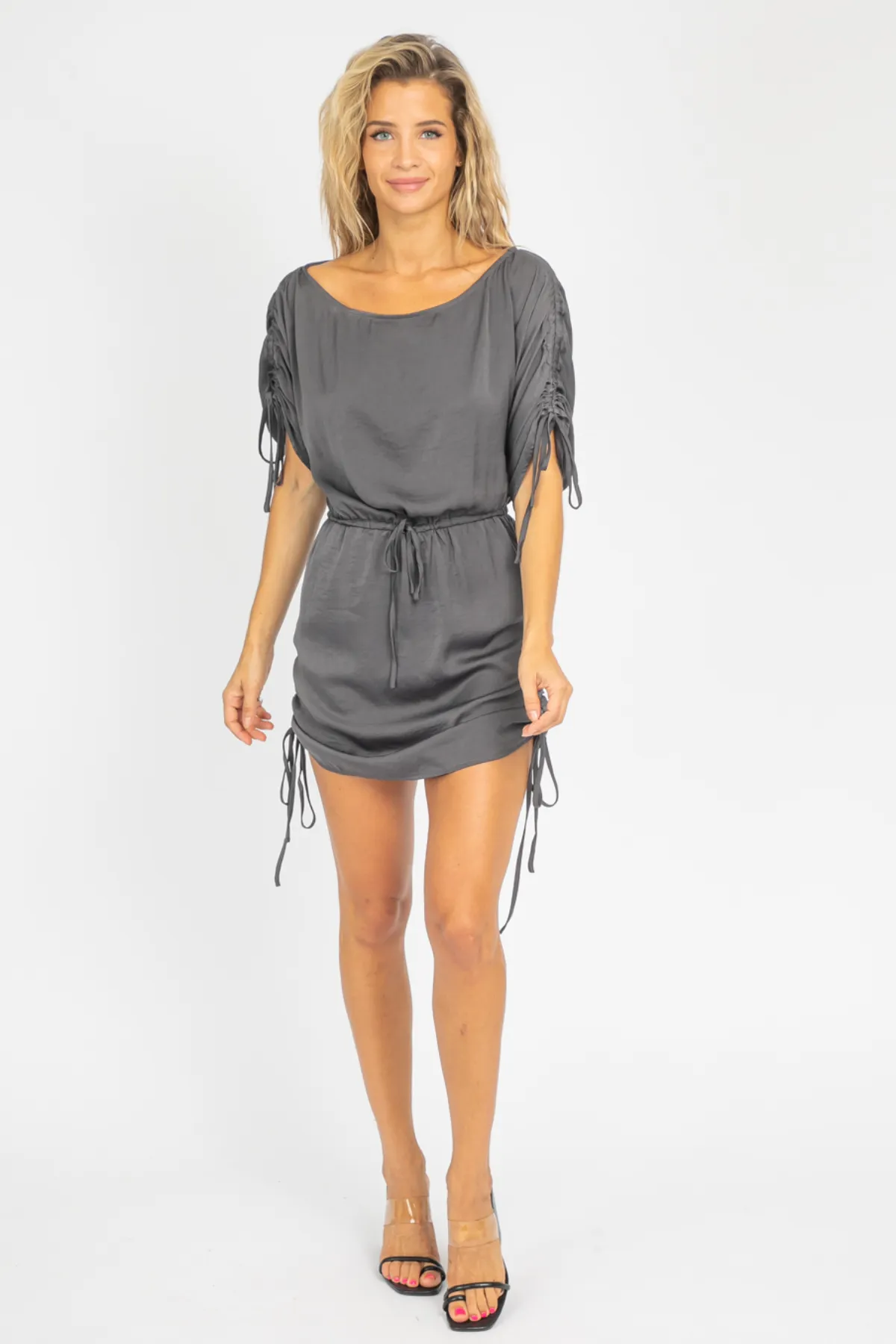 CHARCOAL OFF SHOULDER CINCH DRESS