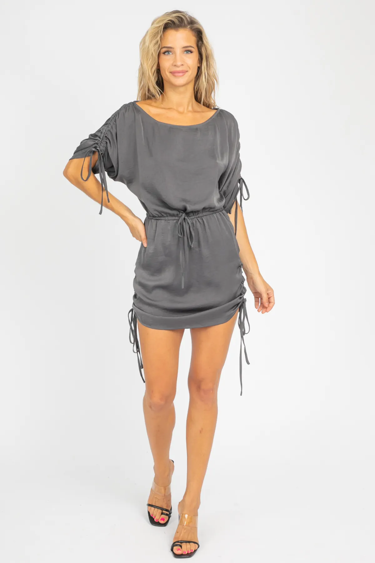 CHARCOAL OFF SHOULDER CINCH DRESS