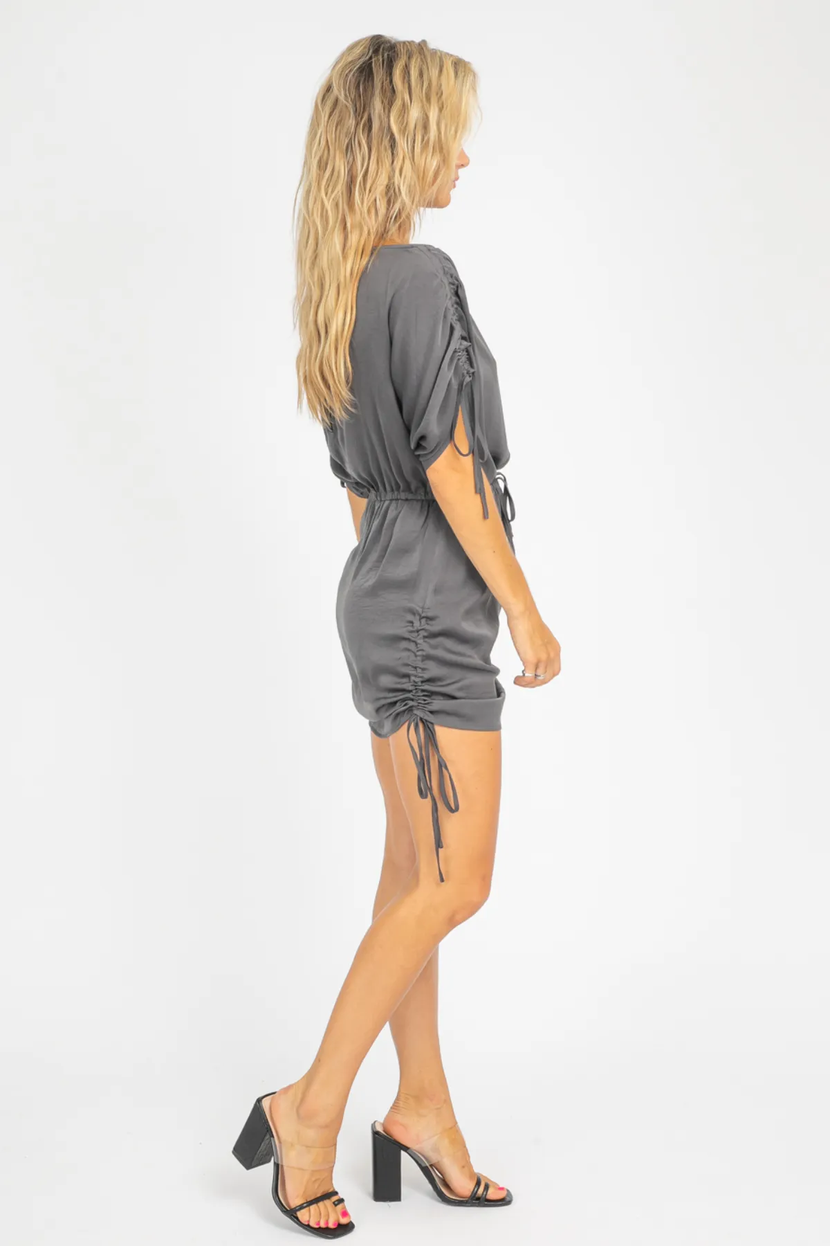 CHARCOAL OFF SHOULDER CINCH DRESS