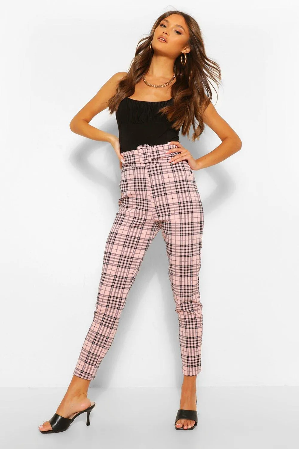 Checked Belted Skinny Trousers