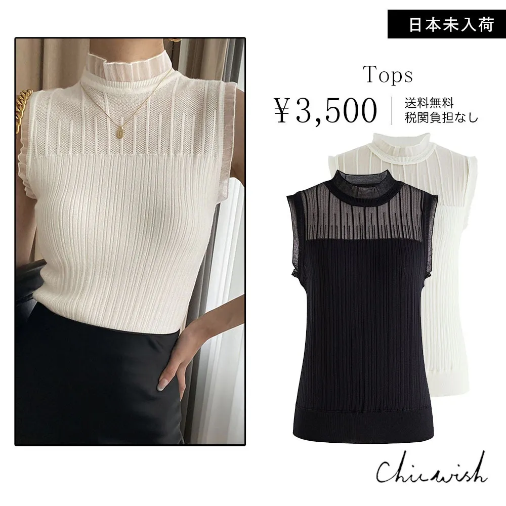 Knit Top with Ruffled Mock Neck and Mesh Detail