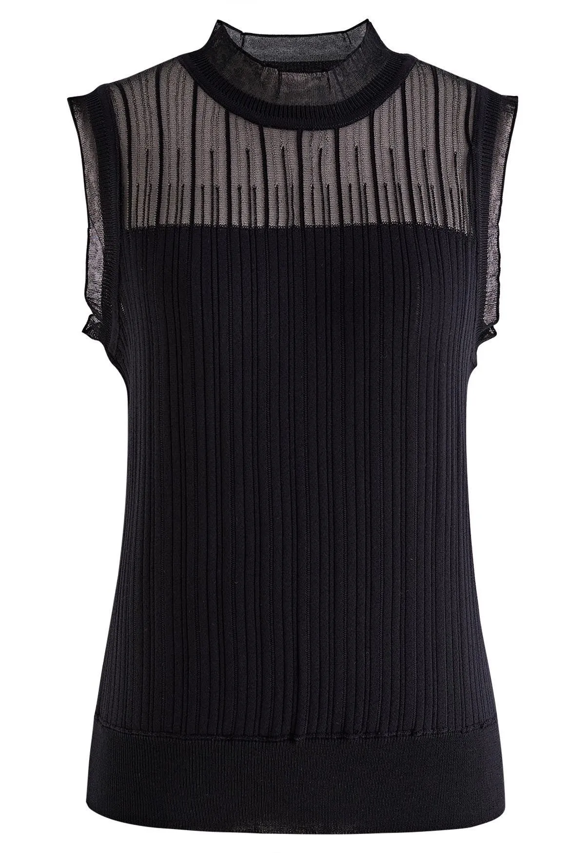 Knit Top with Ruffled Mock Neck and Mesh Detail