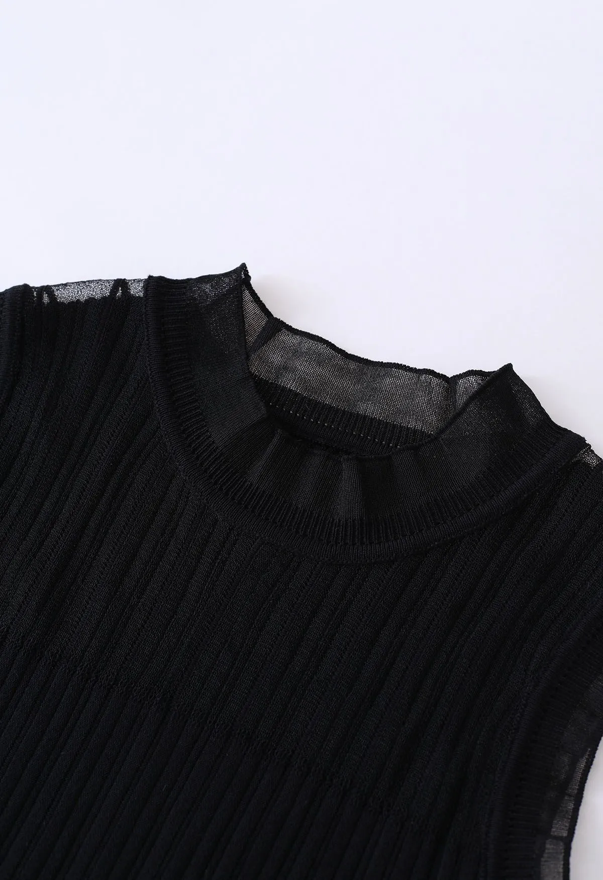 Knit Top with Ruffled Mock Neck and Mesh Detail